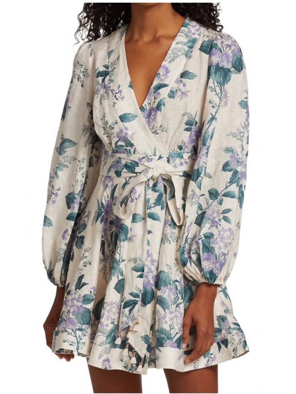 NWOT Zimmermann Cassia Wrap Short Dress Linen Hydrangea Floral Print 0